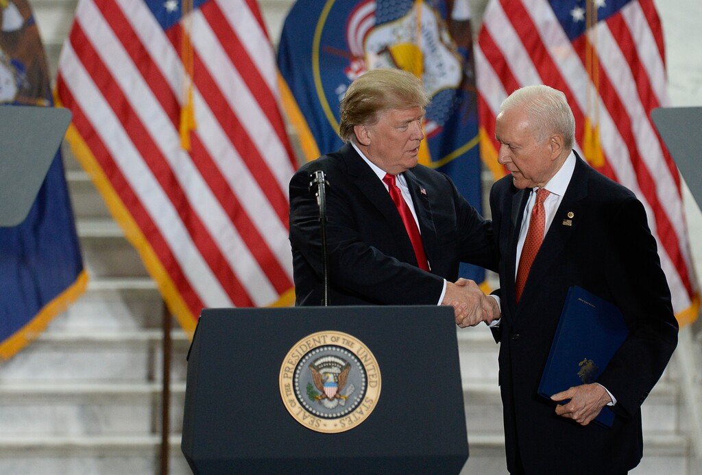 (Francisco Kjolseth  |  The Salt Lake Tribune)  President Donald Trump is joined by Sen. Orrin Hatch  at the Utah Capitol on Monday, Dec. 4, 2017, to sign a presidential proclamation to shrink Bears Ears and Grand Staircase-Escalante national monuments.