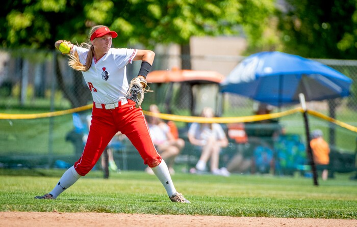 (Isaac Hale | Special to The Tribune) Mountain Ridge catcher Mychaela McClanahan (19) throws the ball after making a catch during the second game of a best-of-three series between the Spanish Fork Lady Dons and the Mountain Ridge Sentinels as part of the 5A state softball championship held at the Spanish Fork Sports Park on Friday, May 28, 2021.