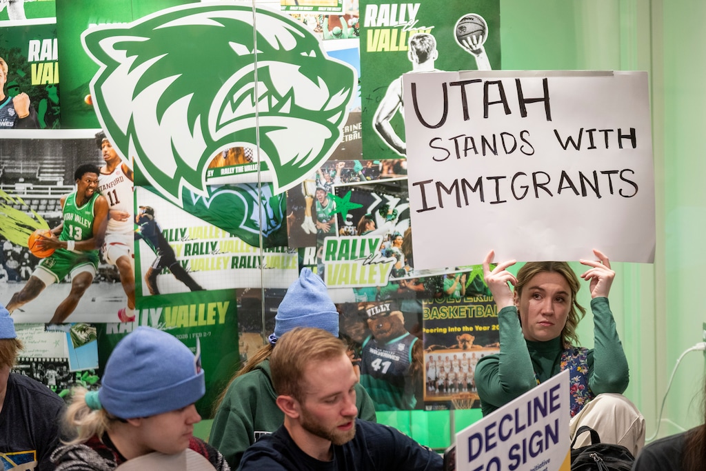(Rick Egan | The Salt Lake Tribune) More than 200 protesters gather for an anti-ICE protest at Utah Valley University on Wednesday, Feb 4, 2026.

