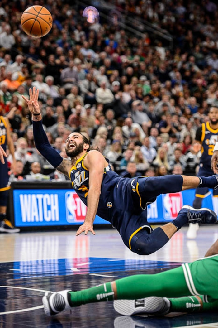 (Trent Nelson | The Salt Lake Tribune)  
Utah Jazz vs. Boston Celtics, NBA basketball in Salt Lake City, Wednesday March 28, 2018. Utah Jazz guard Ricky Rubio (3) shoots while falling.
