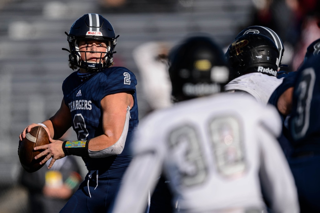 (Trent Nelson | The Salt Lake Tribune) Corner Canyon's Jaxson Dart during the 6A state football championship game against Lone Peak at Cedar Valley High School in Eagle Mountain on Friday, Nov. 20, 2020.