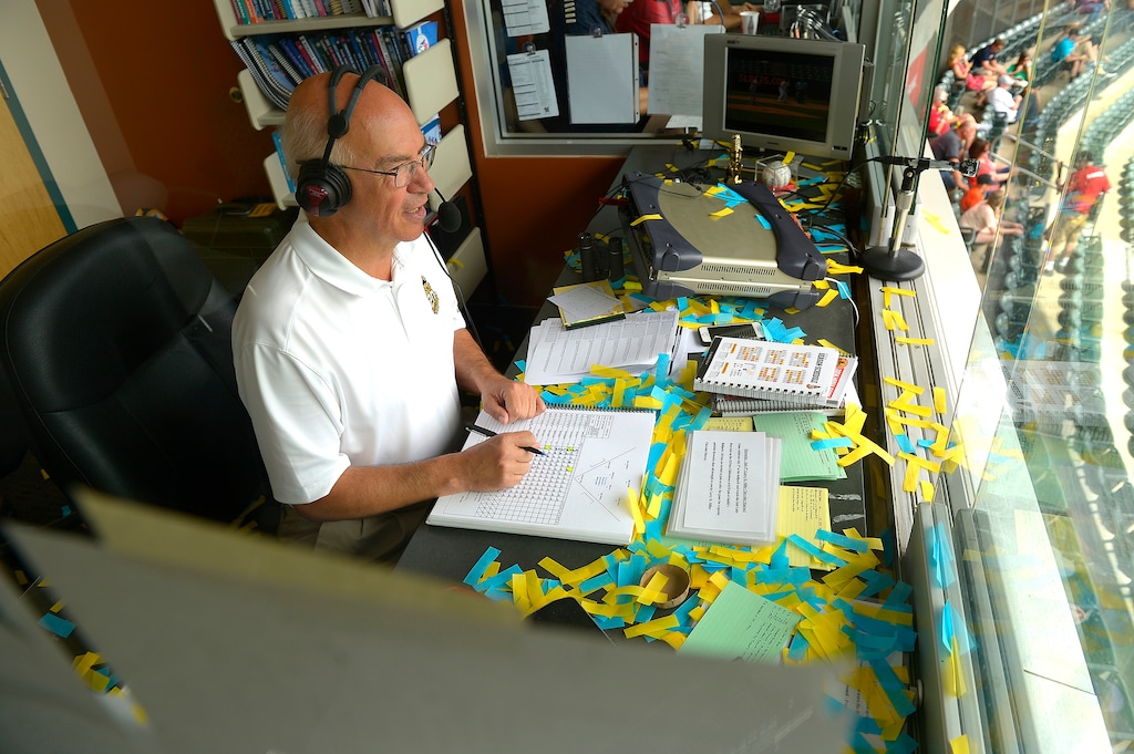 (Leah Hogsten | Tribune file photo)
Salt Lake Bees announcer Steve Klauke celebrates calling his 3,000th game, Tuesday, June 24, 2014. Klauke has the distinction of calling the most games a broadcaster has ever called for a single sports team in Utah history. Klauke sat out last season, along with the rest of Minor League Baseball, amid the pandemic. He's excited to get back behind the microphone in 2021.