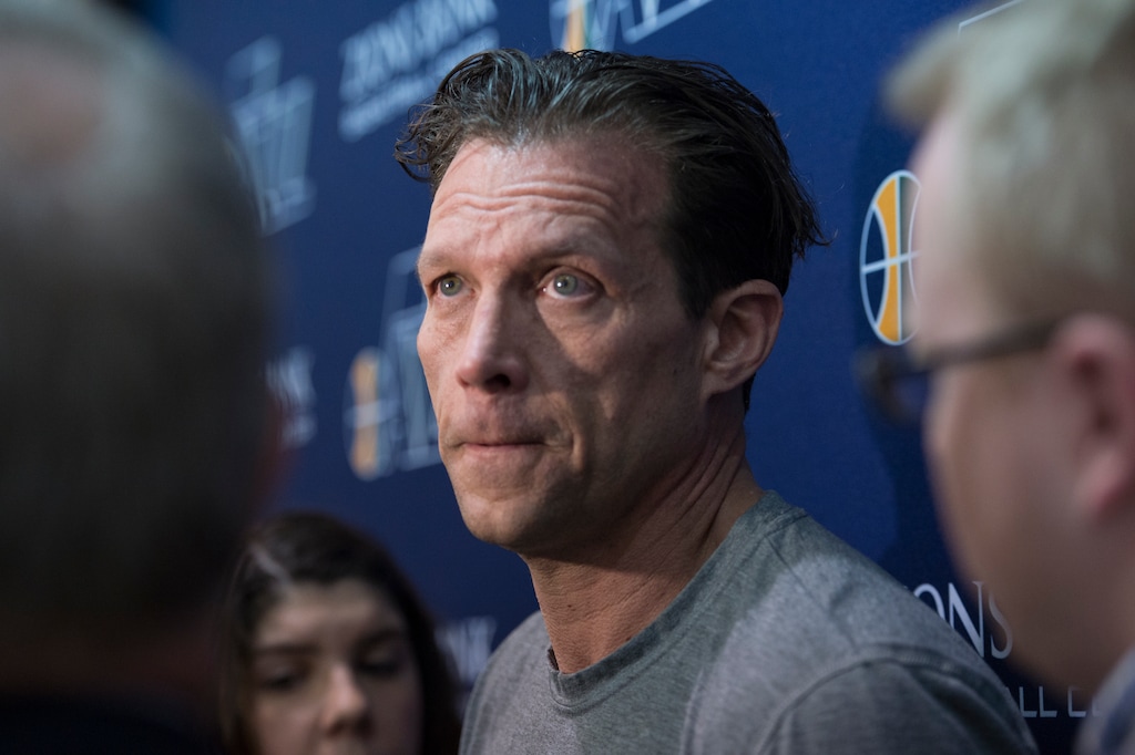 Leah Hogsten  |  The Salt Lake Tribune Utah Jazz head coach Quin Snyder talks with the media during the Utah Jazz practice Saturday, April 22, 2017 at the Zions Jazz Practice facility. 