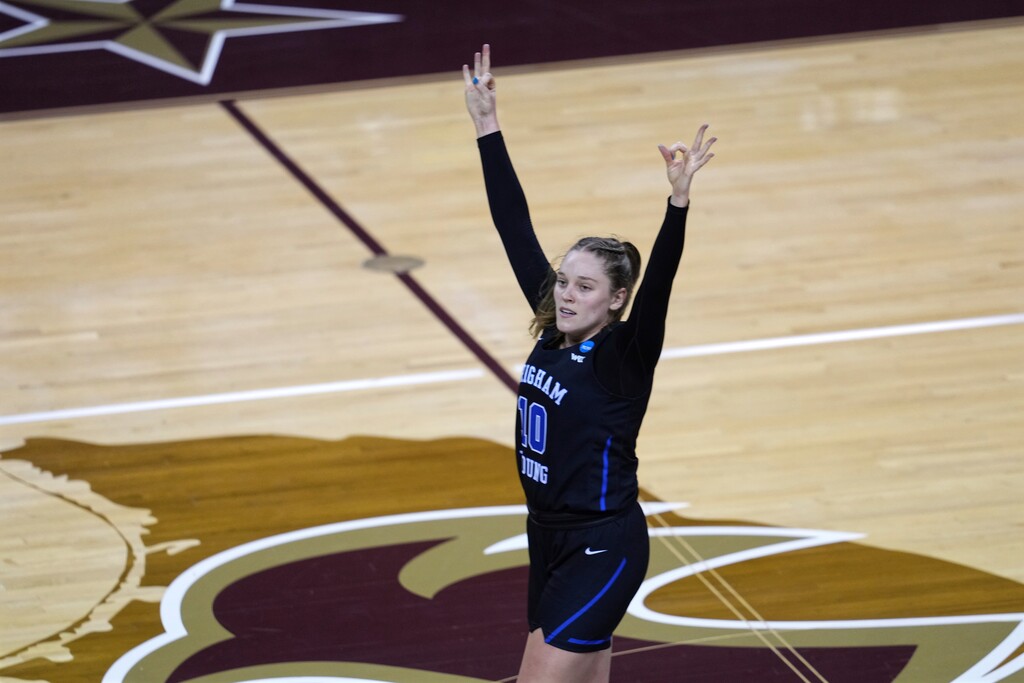 (Chuck Burton | AP) BYU's Tegan Graham (10) reacts after making a 3-point basket against Rutgers late during the second half of a college basketball game in the first round of the women's NCAA tournament at the University Events Center in San Marcos, Texas, Monday, March 22, 2021.