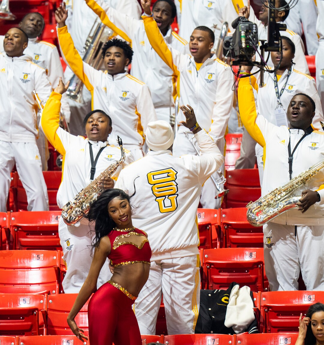(Rick Egan | The Salt Lake Tribune) The World Famed Tiger Marching Band from Grambling performs, at the All-Star Practice at the Jon M. Huntsman Center, on Saturday, Feb. 18, 2023.