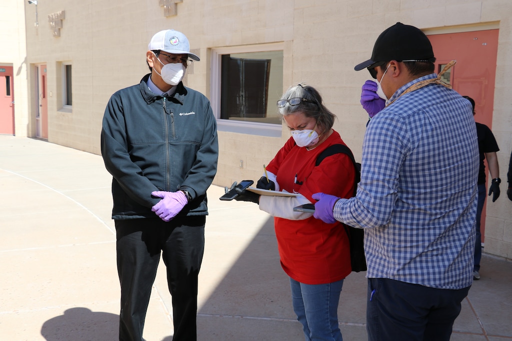 (Photo courtesy U.S. Army Corps of Engineers Los Angeles District) Navajo Nation President Jonathan Nez and Vice President Myron Lizer join a team from the U.S. Army Corps of Engineers on April 7 as it conducts site assessments of potential alternate care facilities in Navajo and Coconino counties.
