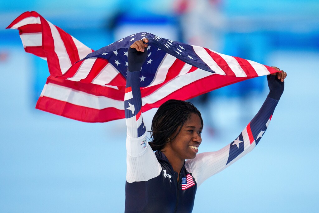 (Trent Nelson  |  The Salt Lake Tribune) Erin Jackson (USA) celebrates winning the gold medal in the speedskating women's 500m at the 2022 Winter Olympics in Beijing on Sunday, Feb. 13, 2022.