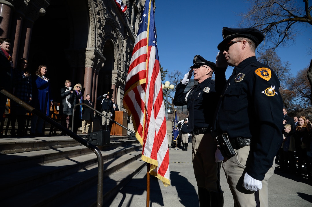 (Francisco Kjolseth  |  The Salt Lake Tribune) The Salt Lake City Police Motor Squad present the flag ceremony during the inauguration on Erin Mendenhall as Mayor and three council members at Salt Lake City hall on Monday, Jan. 6, 2020.
