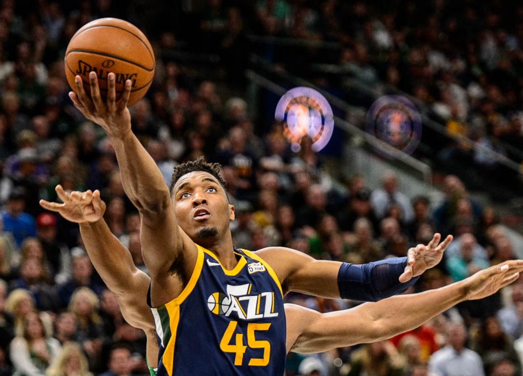 (Trent Nelson | The Salt Lake Tribune)  Utah Jazz vs. Boston Celtics, NBA basketball in Salt Lake City, Wednesday March 28, 2018. Utah Jazz guard Donovan Mitchell (45) shoots.