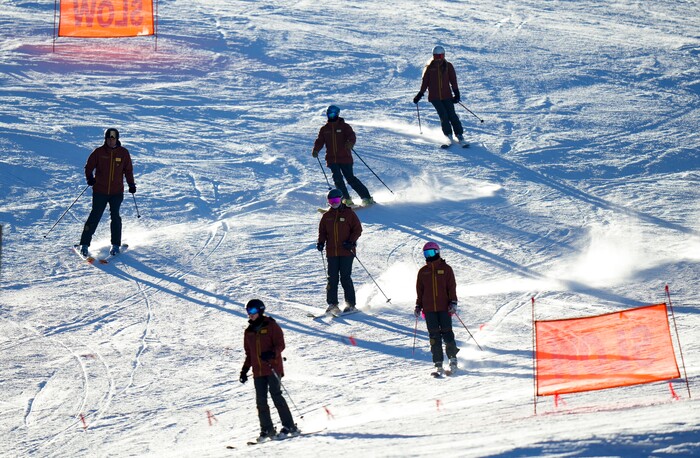(Bethany Baker | The Salt Lake Tribune) A group of Sundance Resort staff ski down the run at Sundance Resort near Provo on Thursday, Dec. 14, 2023.