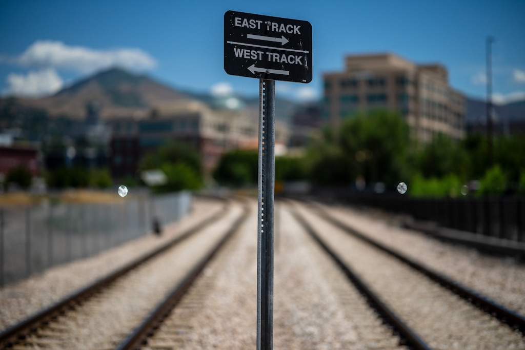 (Trent Nelson | The Salt Lake Tribune) Railroad tracks cut through Salt Lake City on Wednesday, July 8, 2026.