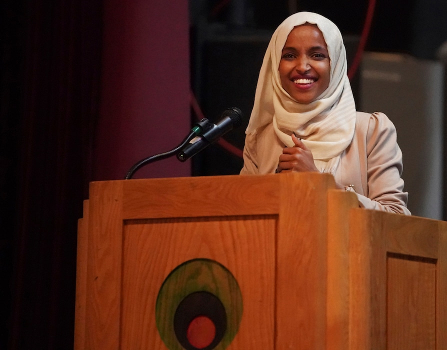 U.S. Rep. Ilhan Omar, D-Minn., holds a Medicare for All town hall with Rep. Pramila Jayapal (not pictured) and other state lawmakers, Thursday, July 18, 2019, in Minneapolis. (Richard Tsong-Taatarii/Star Tribune via AP)