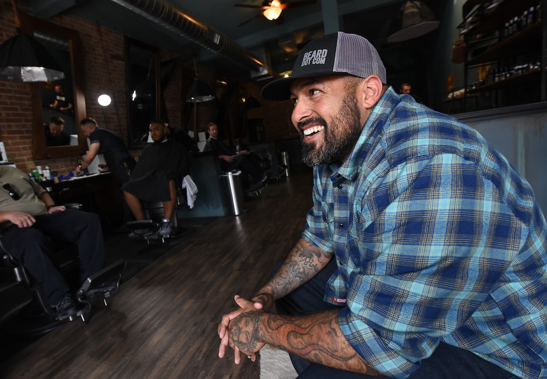 (Francisco Kjolseth  |  The Salt Lake Tribune)  Vincent "Rocco" Vargas a local entrepreneur/actor who's in the cast of the new FX series "Mayans M.C." (which is sort of a continuation of "Sons of Anarchy"), hangs out at his business, Throwbacks Barber Company in Salt Lake City recently. 
