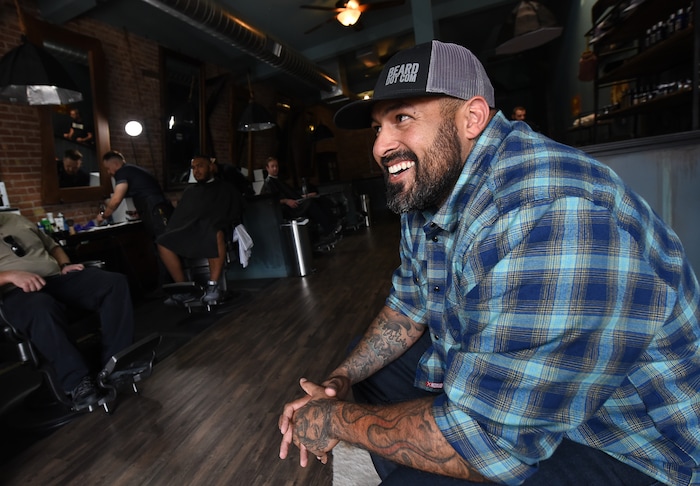 (Francisco Kjolseth  |  The Salt Lake Tribune)  Vincent "Rocco" Vargas a local entrepreneur/actor who's in the cast of the new FX series "Mayans M.C." (which is sort of a continuation of "Sons of Anarchy"), hangs out at his business, Throwbacks Barber Company in Salt Lake City recently. 