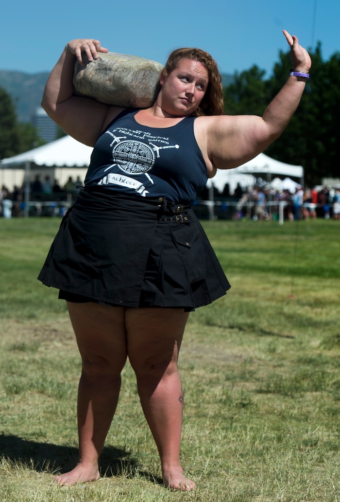 (Rick Egan  |  The Salt Lake Tribune)      DeeAnn Peterson from Orem, competes in the stone lifting competition, at the 44th annual Utah Scottish Festival and Highland Games at the Utah State Fairgrounds, Sunday, June 10, 2018.