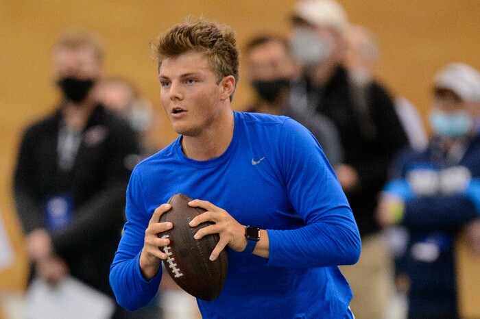 (Trent Nelson | The Salt Lake Tribune) BYU quarterback Zach Wilson works out for NFL scouts during BYU Pro Day, in Provo on Friday, March 26, 2021.