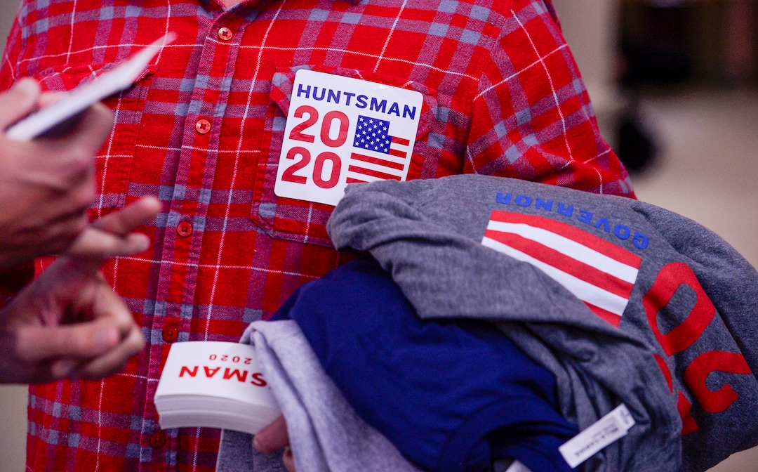 (Leah Hogsten  |  The Salt Lake Tribune) Bumper stickers and tshirts were handed out Thursday after former two-term Gov. Jon Huntsman, 59, announced his bid for governor, Nov. 14, 2019. Huntsman fielded questions after an appearance at the Michael O. Leavitt Center for Politics and Public Service at Southern Utah University in Cedar City.