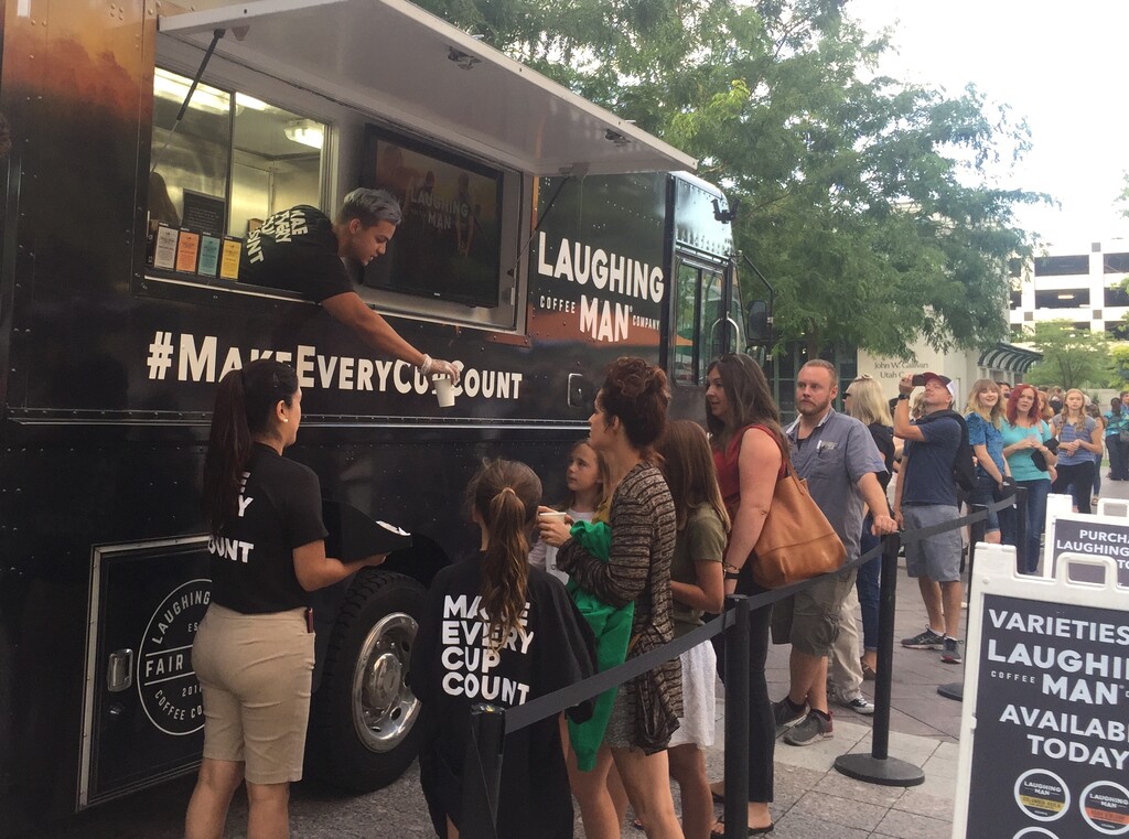 (Scott D. Pierce | The Salt Lake Tribune) Hugh Jackman fans lined up for free coffee at the Gallivan Center on Thursday morning, but Jackman himself did not make an appearance.