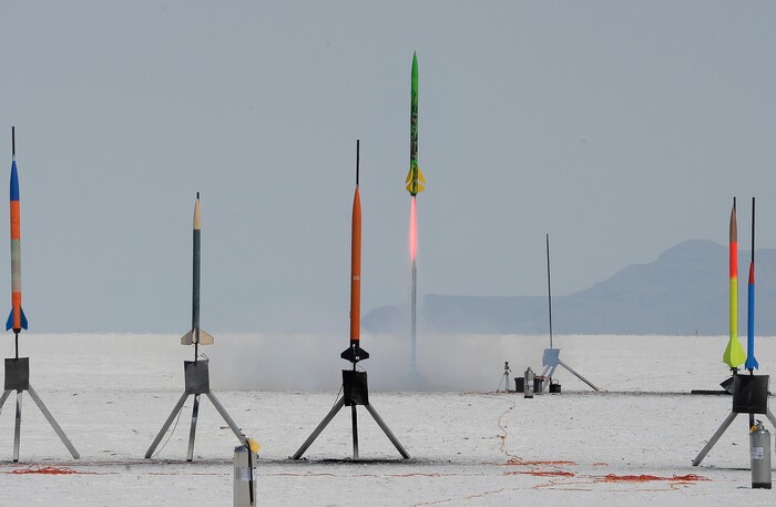 (Scott Sommerdorf   |  The Salt Lake Tribune)   One of the hundreds of rocket launches during "Hellfire" - the four day event sponsored by the Utah Rocket Club, Saturday, August 5, 2017.  