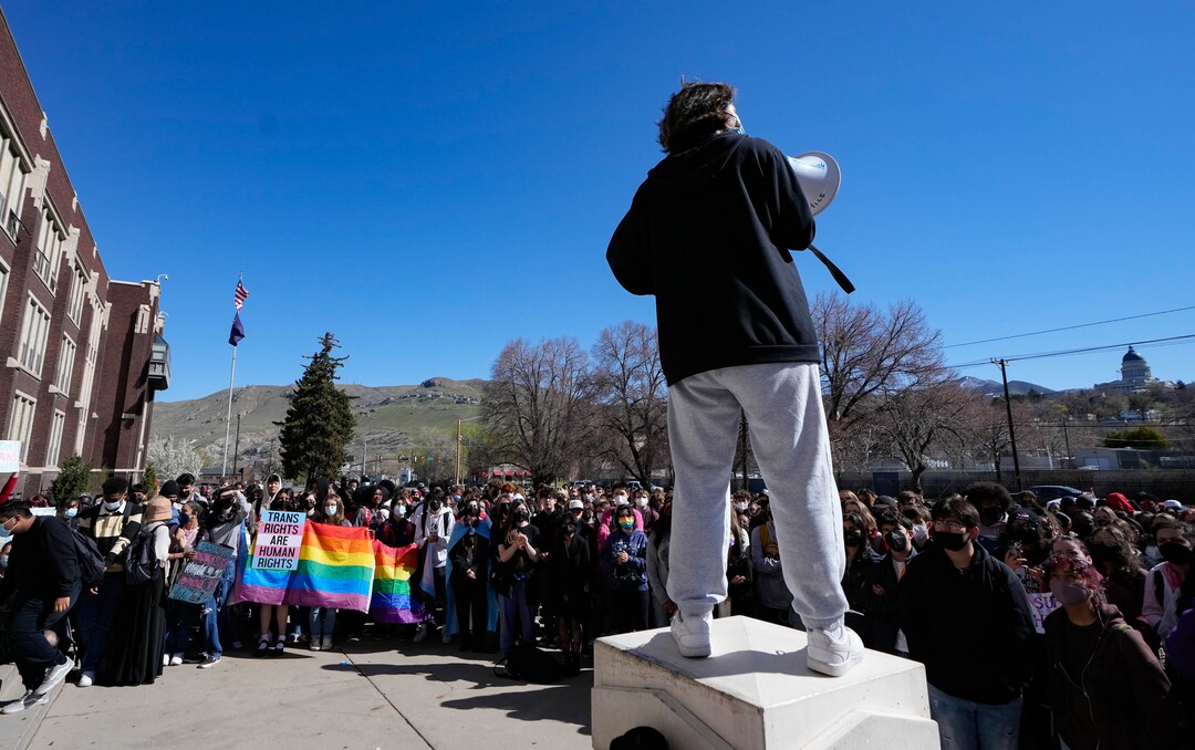 (Francisco Kjolseth | The Salt Lake Tribune) The Utah Capitol looms in the distance as Dani Maalaelu takes a turn addressing fellow students at West High School during a staged a walkout on Wednesday, April 6, 2022 to protest HB11, which bans transgender girls from participating in female school sports.