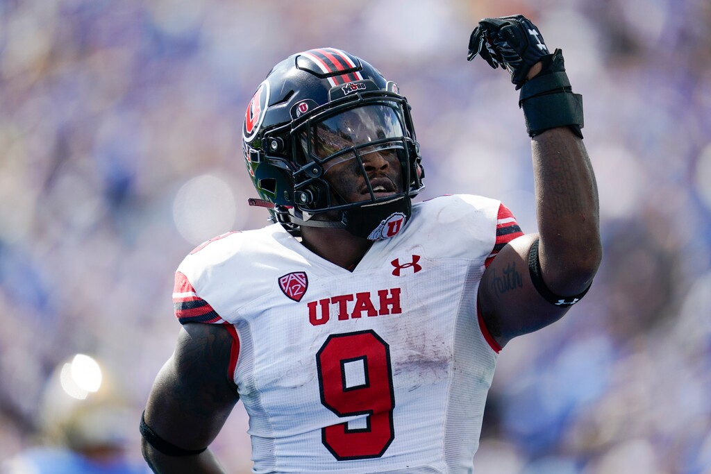 (Ashley Landis | AP) Utah running back Tavion Thomas (9) celebrates after scoring a touchdown during the first half of an NCAA college football game against UCLA in Pasadena, Calif., Saturday, Oct. 8, 2022.