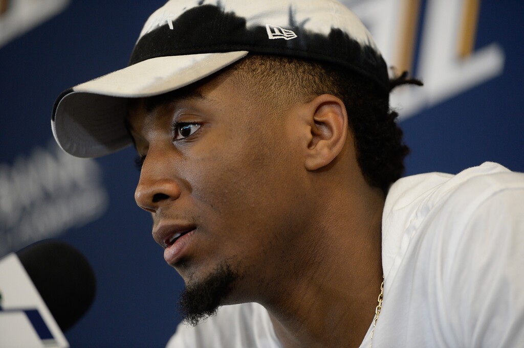 (Francisco Kjolseth  |  Tribune file photo)  Utah Jazz      guard Donovan Mitchell speaks with the media during exit interviews at their practice facility in Salt Lake City Wed., May 8, 2018, after losing to the Houston Rockets in game 5 of their Western Conference Finals during the 2018 NBA Playoffs.