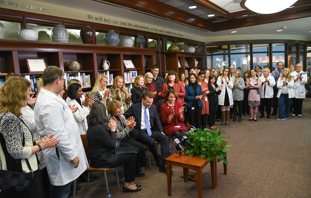 (Francisco Kjolseth  |  The Salt Lake Tribune)  Clinicians, researchers and staff gather in the library of the Huntsman Cancer Institute to hear the announcement of a $30 million gift to the Huntsman Cancer Institute on Friday, Jan. 11, 2019.