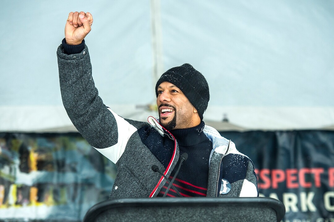 (Chris Detrick  |  The Salt Lake Tribune)  Common speaks during the Respect Rally Park City at City Park on Saturday, Jan. 20, 2018.