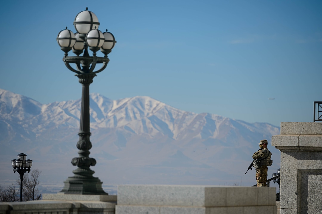 (Trent Nelson  |  The Salt Lake Tribune) National Guard troops at the state Capitol in Salt Lake City on Sunday, Jan. 17, 2021.