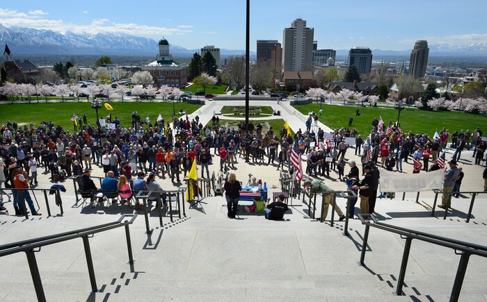 (Scott Sommerdorf | The Salt Lake Tribune)
A group calling themselves Citizens and Students For Liberty (SFL) gathered at the Utah State Capitol on Saturday to show their support for the Second Amendment, Saturday, April 14, 2018.