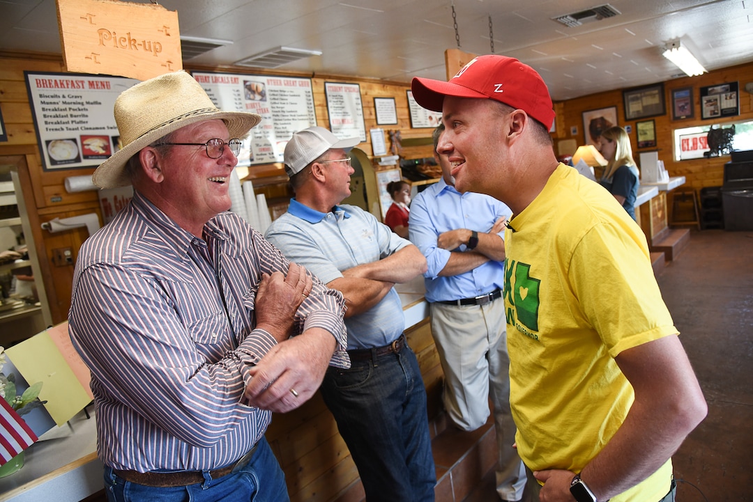 (Francisco Kjolseth  |  The Salt Lake Tribune)  Mac Munns, left, owner of the historic eatery The Pie Dump in Garland, Utah in Box Elder County speaks with Lt. Gov. Spencer Cox on Tuesday, July 30, 2019, who is on a campaign tour with plans to visit all 248 cities and towns in the state during his gubernatorial campaign.