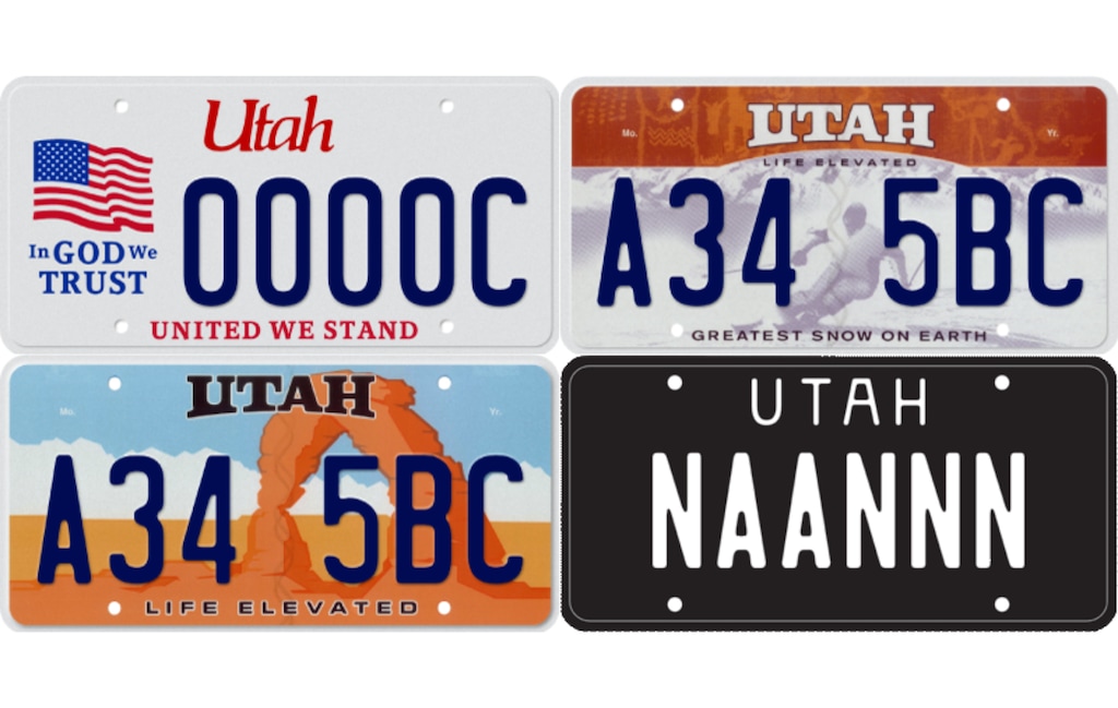 (Utah Division of Motor Vehicles) Utah's three standard plates and the black-and-white specialty plate offered to drivers.
