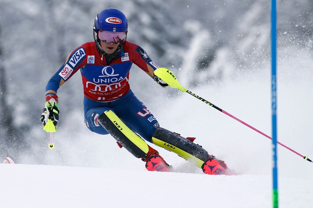 United States' Mikaela Shiffrin competes during the first run of an alpine ski, women's World Cup slalom, in Lienz, Austria, Thursday, Dec. 28, 2017. (AP Photo/Giovanni Auletta)