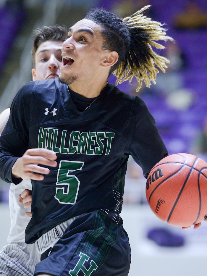 (Leah Hogsten  |  The Salt Lake Tribune) Hillcrest's Tyson Flores (05) had 9 points. Fremont defeated Hillcrest 62-52 in the 6A High School Boys' Basketball Tournament opening game at Weber State University’s Dee Events Center in Ogden, Tuesday, Feb. 27, 2018. 