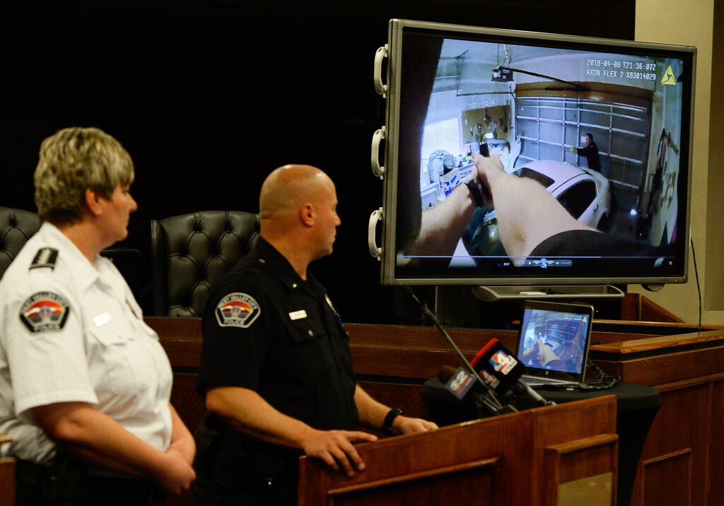 (Francisco Kjolseth | The Salt Lake Tribune) West Valley Police Chief Colleen Jacobs is joined by Lt. Kent Stokes as they hold a press conference on Tuesday, Apr. 17, 2018, to release body cam footage of the fatal shooting of 20-year-old Elijah James Smith. On April 8, Smith was shot and killed by West Valley police officers who believed he matched the description of someone involved in a theft at a cellphone store.