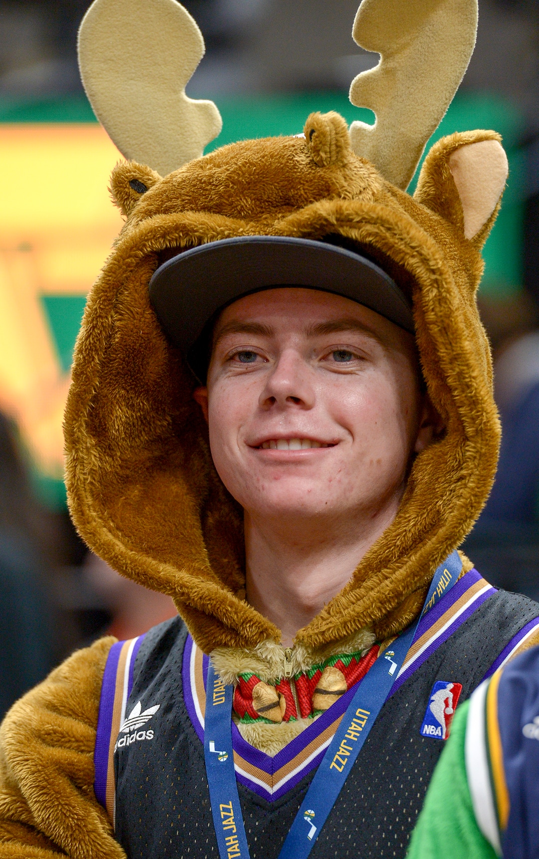 Leah Hogsten  |  The Salt Lake Tribune  Zach Lawrence from American Fork wore his reindeer costume to cheer on the home team as the Utah Jazz host the Portland Trail Blazers Christmas night at Vivint Smart Home Arena.