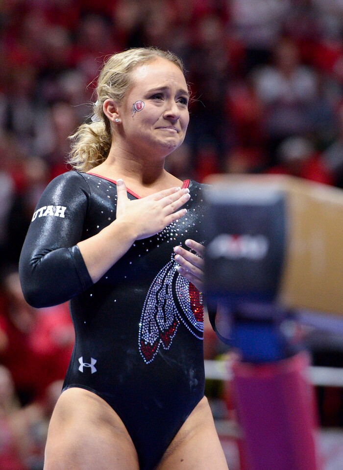 (Leah Hogsten  |  The Salt Lake Tribune) Outgoing senior Maddy Stover thanks the fans after her beam routine as the No. 4 Utah gymnasts host No. 20 Georgia in the final regular season meet at Jon M Huntsman Center in Salt Lake City Friday, March 16, 2018. 