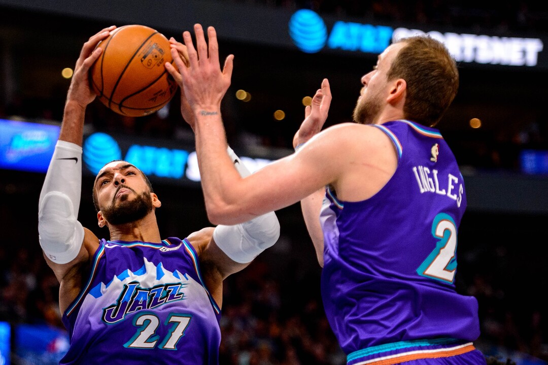 (Trent Nelson  |  The Salt Lake Tribune) Utah Jazz center Rudy Gobert (27) rebounds as the Utah Jazz host the Portland Trail Blazers, NBA basketball in Salt Lake City on Thursday, Dec. 26, 2019.