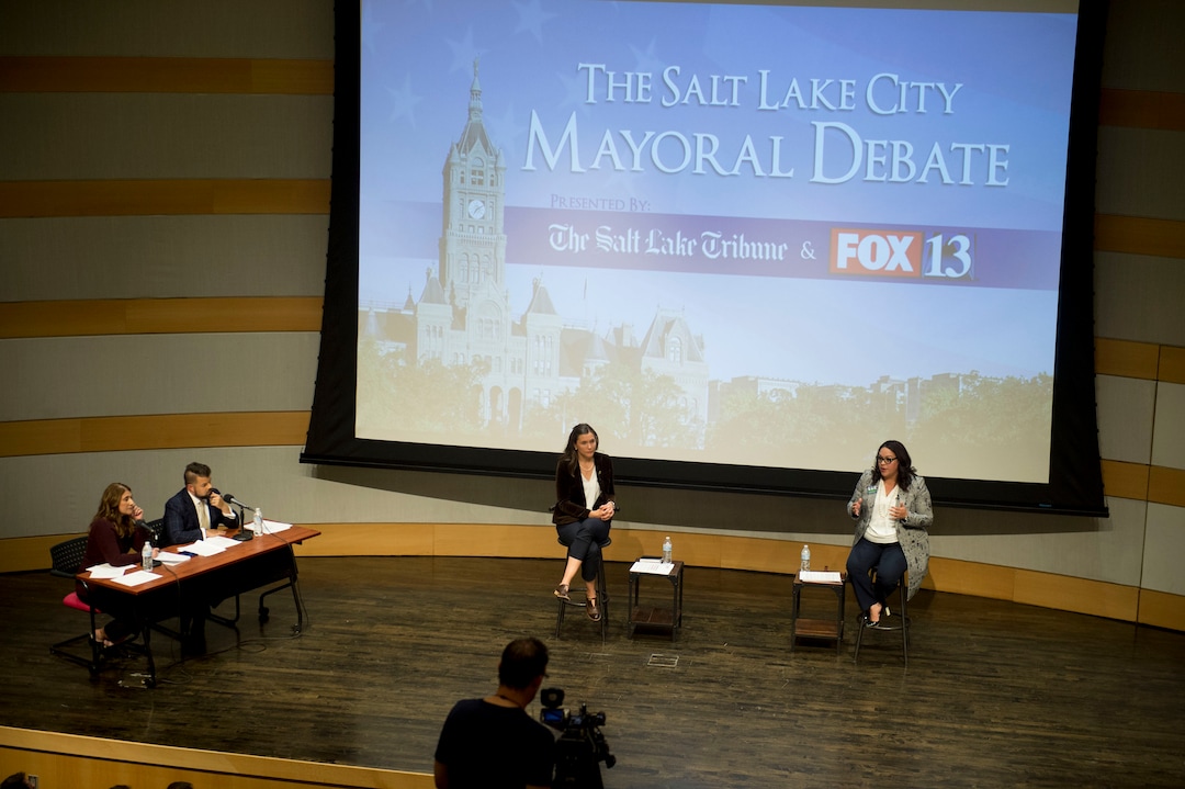 (Jeremy Harmon  |  The Salt Lake Tribune) Salt Lake mayoral candidates Erin Mendenhall and Luz Escamilla participate in a debate on Monday, Oct. 14, 2019.