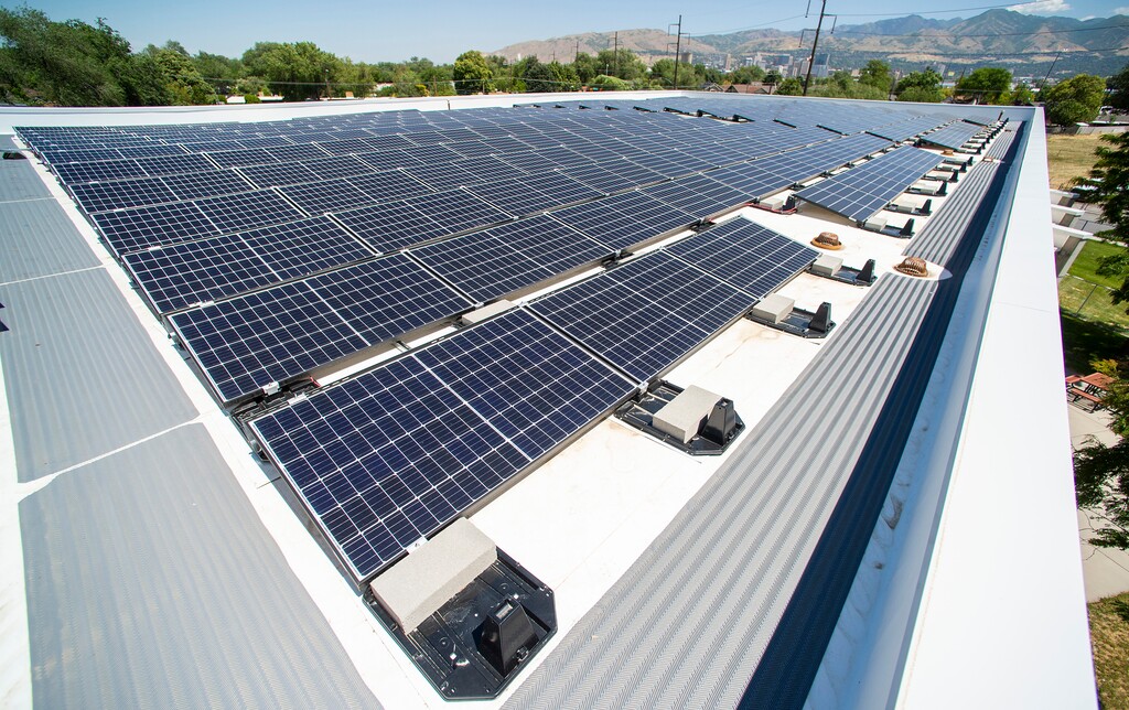 (Rick Egan  |  The Salt Lake Tribune)   New solar panels on the roof of the Sorenson Multicultural Center, on California Ave, on Thursday, July 2, 2020.
