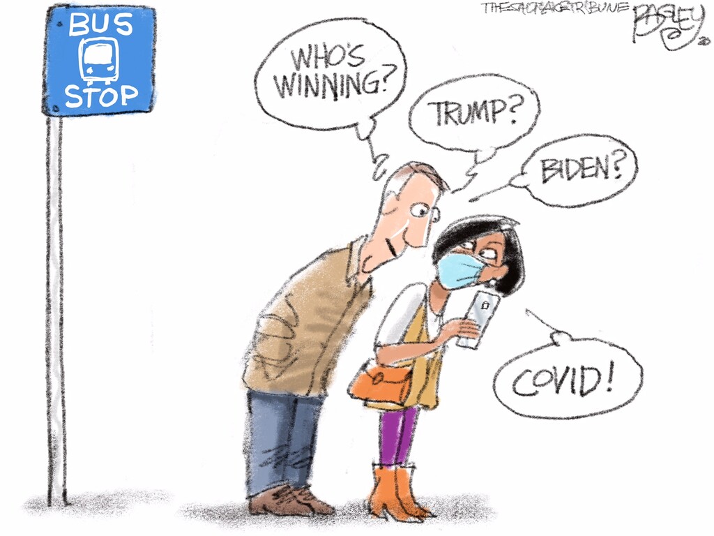 (Pat Bagley | The Salt Lake Tribune) This cartoon, titled "Big News," appears in The Salt Lake Tribune on Friday, Nov. 6, 2020.