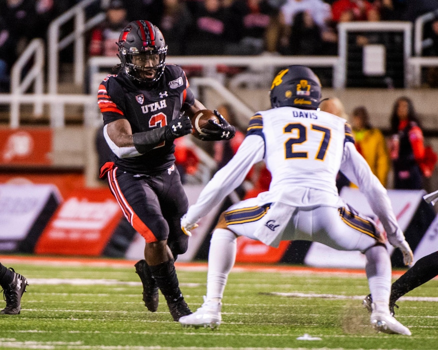 (Rick Egan  |  Tribune file photo) Utah Utes running back Zack Moss (2) runs the ball, as California Golden Bears safety Ashtyn Davis (27) defends, in PAC-12 football action between the Utah Utes and the California Golden Bears at Rice-Eccles Stadium, Saturday, Oct. 26, 2019.