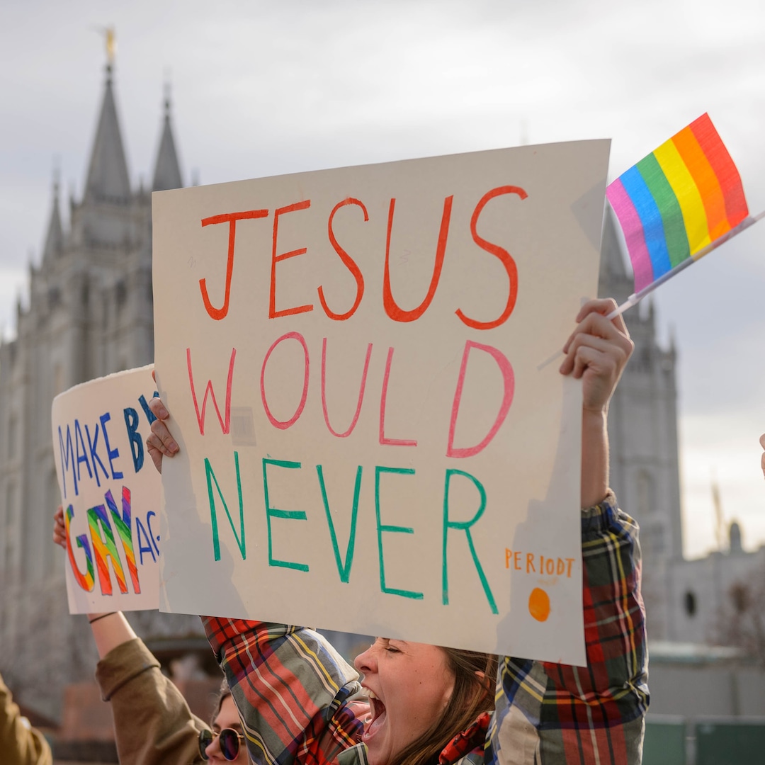 (Trent Nelson  |  The Salt Lake Tribune) Demonstrators march around the headquarters of The Church of Jesus Christ of Latter-day Saints protesting Brigham Young University’s changing position on "romantic behavior" by same-sex couples on March 6.