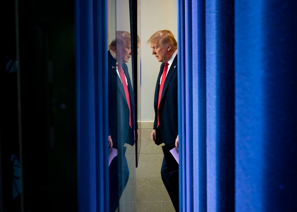 (Doug Mills  |  The New York Times)  Donald Trump enters the White House briefing room in Washington, on Thursday, July 2, 2020. "By now, according to Trump officials and sycophants, we were supposed to be seeing a fading pandemic and a roaring recovery," writes New York Times columnist Paul Krugman. "Instead, we have a fading recovery and a roaring pandemic."