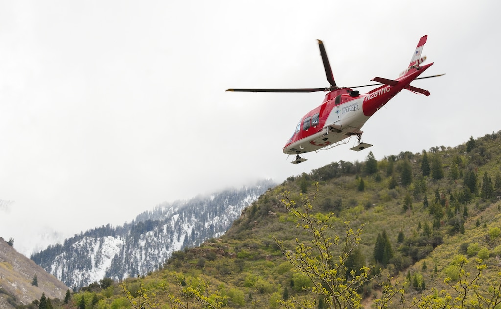 (Chris Samuels | The Salt Lake Tribune) An Intermountain Life Flight helicopter in Sandy, Thursday, May 9, 2024. Life Flight joined an Oct. 11, 2025, rescue of Micah Smith and his children inconjunction with the Utah Department of Public Safety’s Aero Bureau and the Salt Lake County’s search and rescue team.