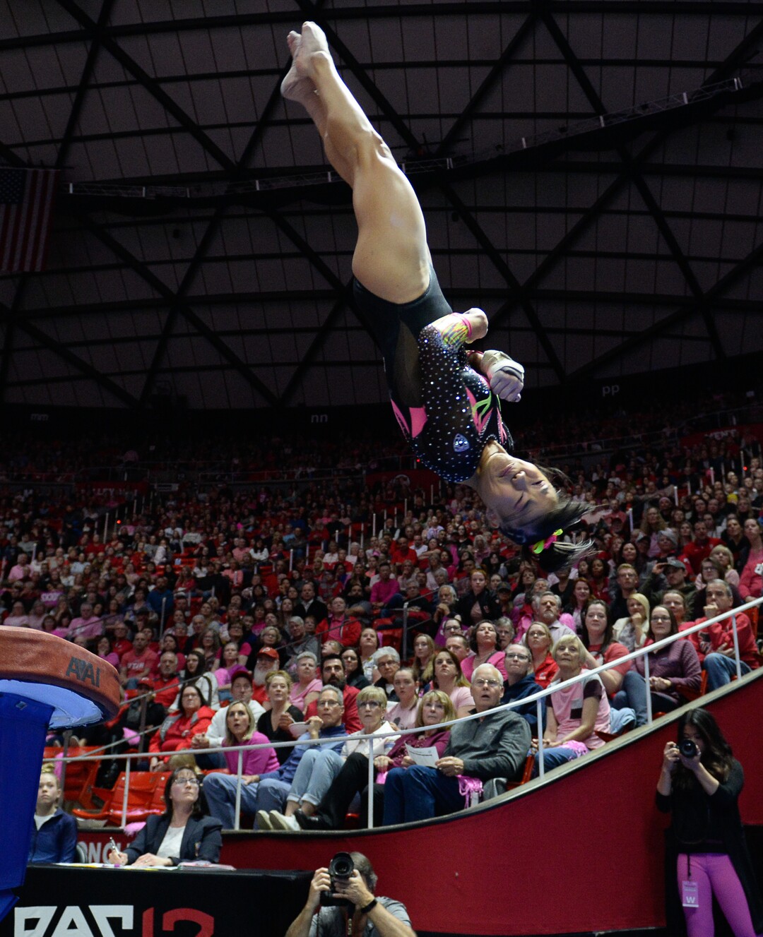 (Francisco Kjolseth  |  The Salt Lake Tribune) Kim Tessen scores a perfect 10 on the vault as the fourth-ranked University of Utah Red Rocks gymnastics team host Stanford, Friday, March 6, 2020, at the Jon M. Huntsman Center in Salt Lake City.