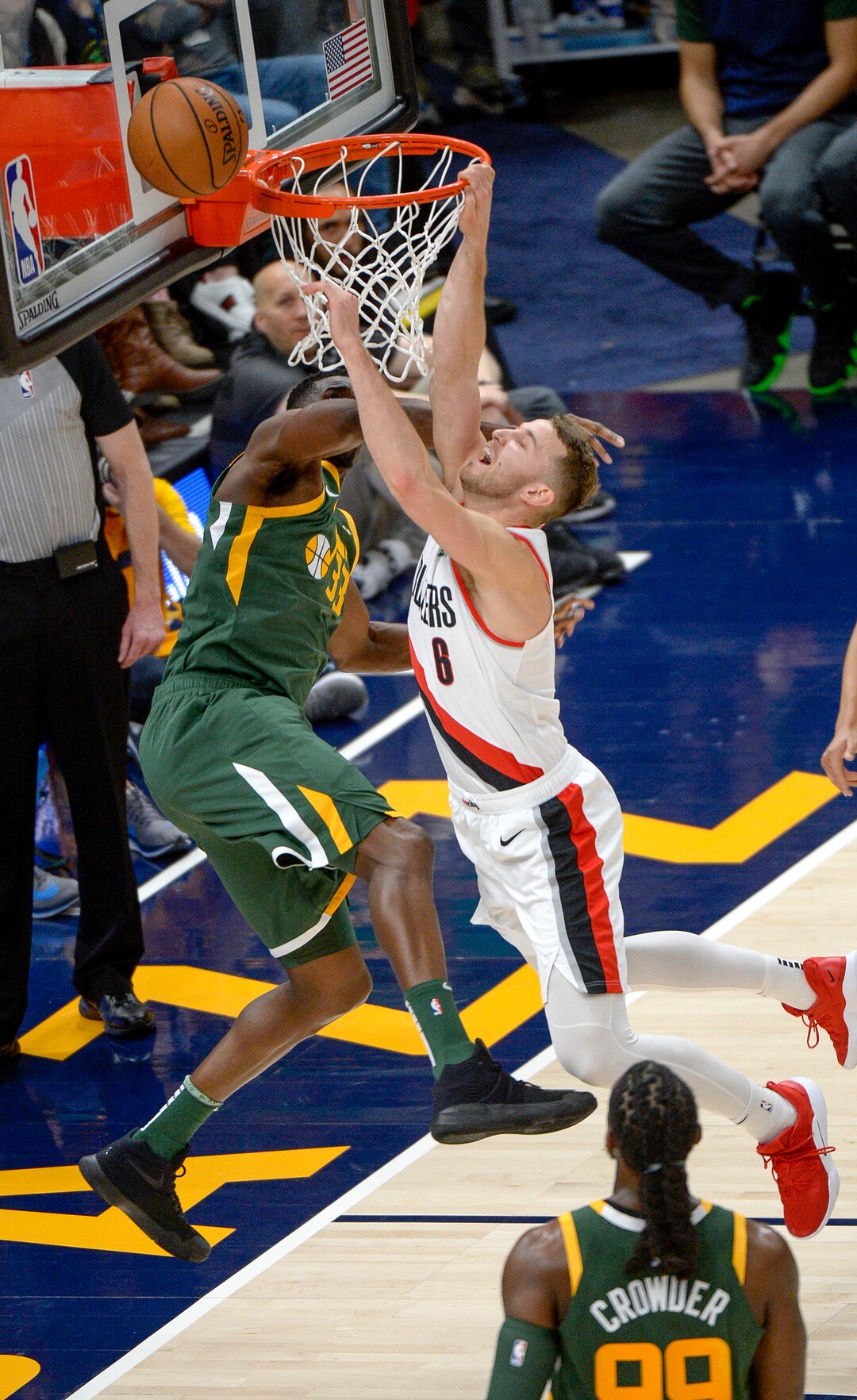 Leah Hogsten  |  The Salt Lake Tribune  Utah Jazz center Ekpe Udoh (33) denies Portland Trail Blazers forward Al-Farouq Aminu (8) at the net as the Utah Jazz host the Portland Trail Blazers Christmas night at Vivint Smart Home Arena.