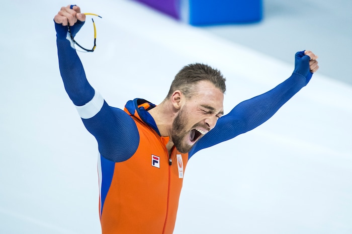 (Chris Detrick  |  The Salt Lake Tribune)  Kjeld Nuis of the Netherlands celebrates after winning the Men's 1,000m at Gangneung Oval during the Pyeongchang 2018 Winter Olympics Friday, Feb. 23, 2018. Nuis won the event with a time of 1:07.95.