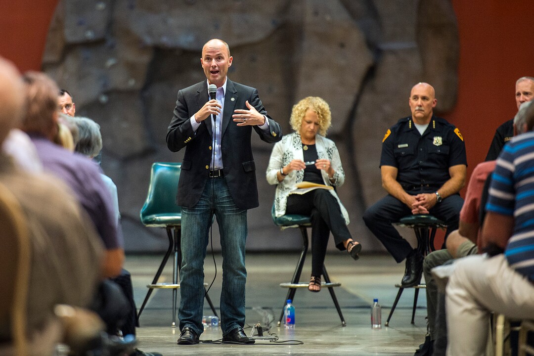 (Chris Detrick  |  The Salt Lake Tribune)  Utah Lieutenant Governor Spencer J. Cox speaks during a public forum about Operation Rio Grande at The Gateway in Salt Lake City Tuesday, August 15, 2017. 
