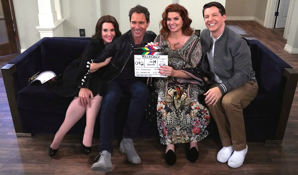 (Photo courtesy of Chris Haston/NBC) "Will & Grace" stars Megan Mullally as Karen Walker, Eric McCormack as Will Truman, Debra Messing as Grace Adler, and Sean Hayes as Jack McFarland.